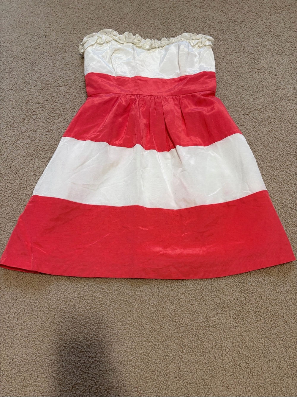 Strapless Red and White Stripe Ruffle-Top Mini Dress